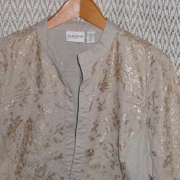 Chico's size 3 Fancy Jacket Khaki Beige with Gold Lace Sparkle XL, 14 - Picture 7 of 9